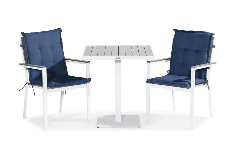 Tunis Cafésett 70x70 + 2 Stablestoler m Pute - Hvit/Grå/Blå - Hagemøbler - Balkong - Balkongmøbler - Balkonggrupper