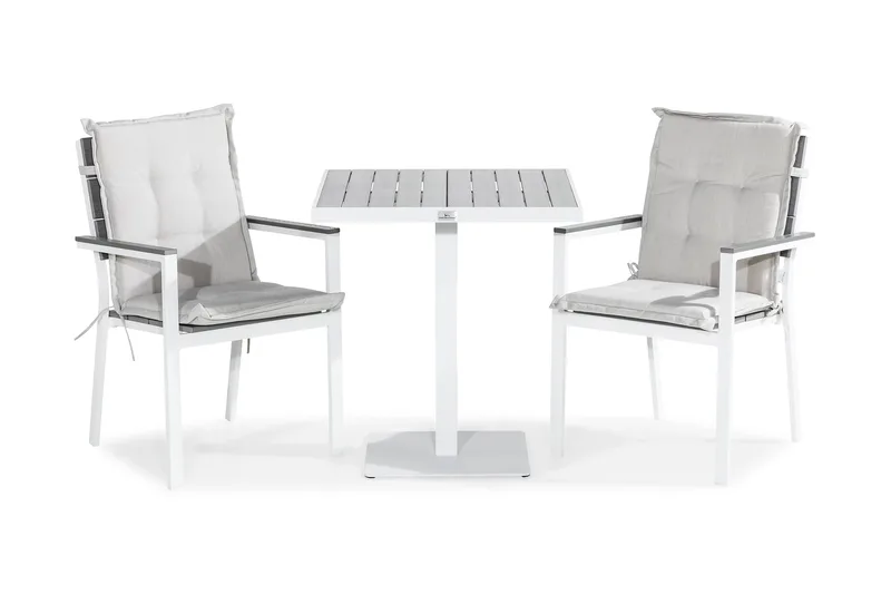 Tunis Cafésett 70x70 + 2 Tunis Stablestol m Pute, Hvit/Grå/Offwhite