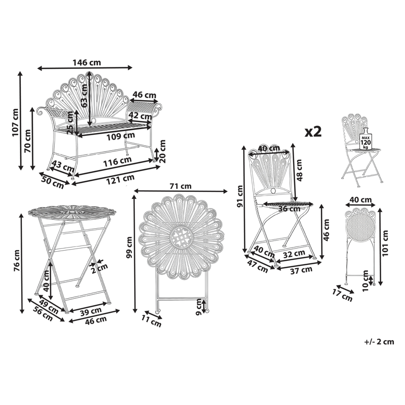 Caféssett utendørs med benk Pavia Jern - Hvit - Hagemøbler - Balkong - Balkongmøbler - Balkonggrupper