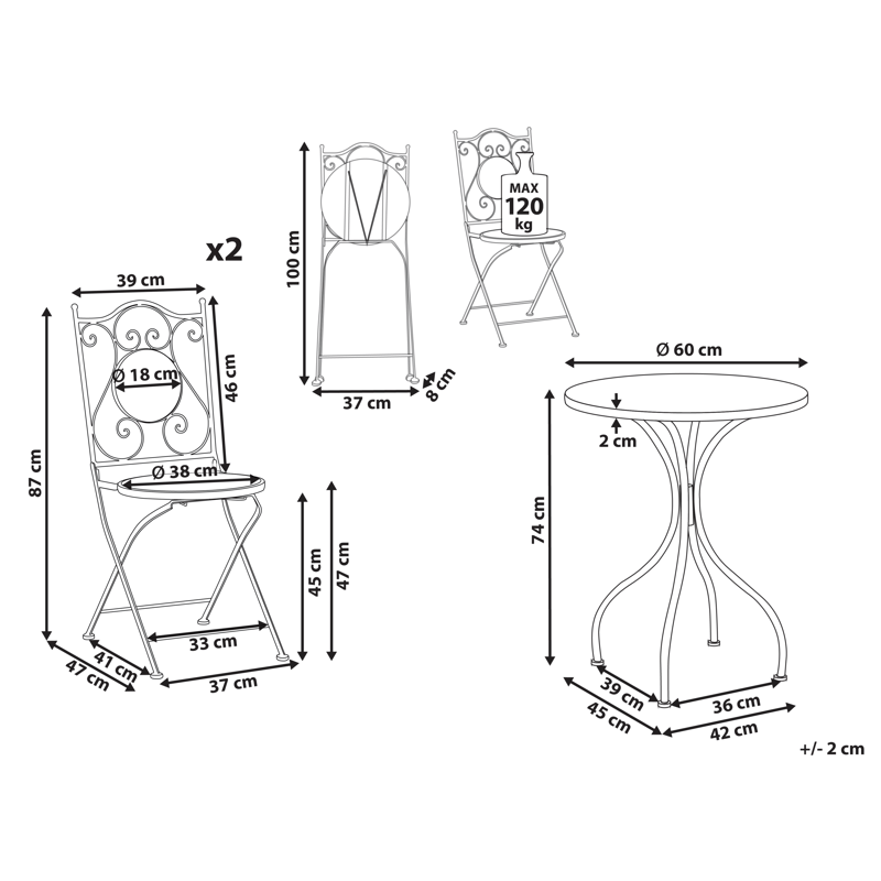 Caféssett utendørs sammenleggbar Adrano Jern - Svart/Brun/Oransje - Hagemøbler - Balkong - Balkongmøbler - Balkonggrupper