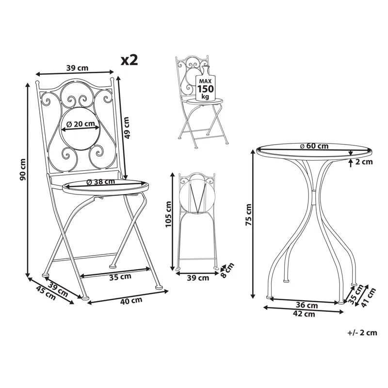 Caféssett utendørs sammenleggbar Chapeco Jern - Svart/blå/hvit - Hagemøbler - Balkong - Balkongmøbler - Balkonggrupper