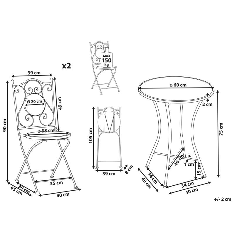 Caféssett utendørs sammenleggbar Comiso Jern - Svart/Hvit - Hagemøbler - Balkong - Balkongmøbler - Balkonggrupper