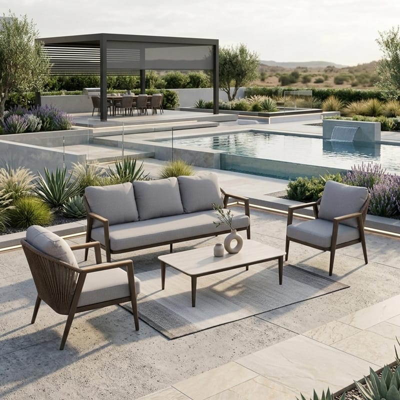 Hagemøbelsett HOME4YOU Delia bord, sofa og 2 stoler - Beige - Hagemøbler - Balkong - Balkongmøbler - Balkonggrupper