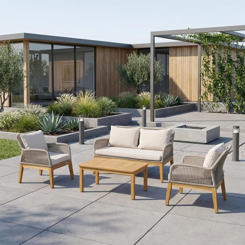 Hagemøbelsett HOME4YOU Florida bord, sofa og 2 lenestoler Beige - Beige - Hagemøbler - Balkong - Balkongmøbler - Balkonggrupper