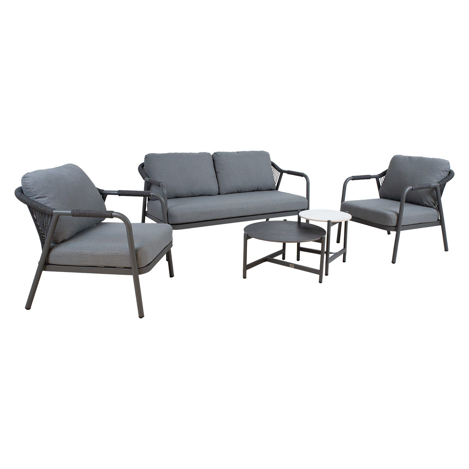 Hagemøbelsett HOME4YOU Kassel 2 bord, sofa og 2 stoler - Grå