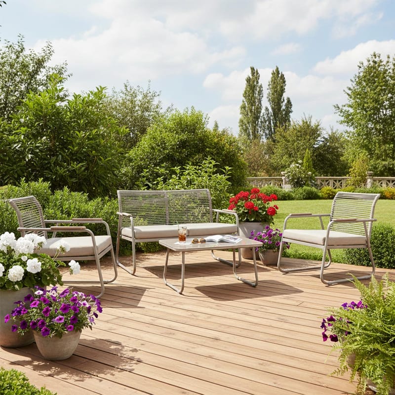 Hagemøbelsett HOME4YOU Macos bord, sofa og 2 stoler Beige - Beige - Hagemøbler - Balkong - Balkongmøbler - Balkonggrupper