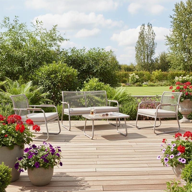 Hagemøbelsett HOME4YOU Macos bord, sofa og 2 stoler Beige - Beige - Hagemøbler - Balkong - Balkongmøbler - Balkonggrupper