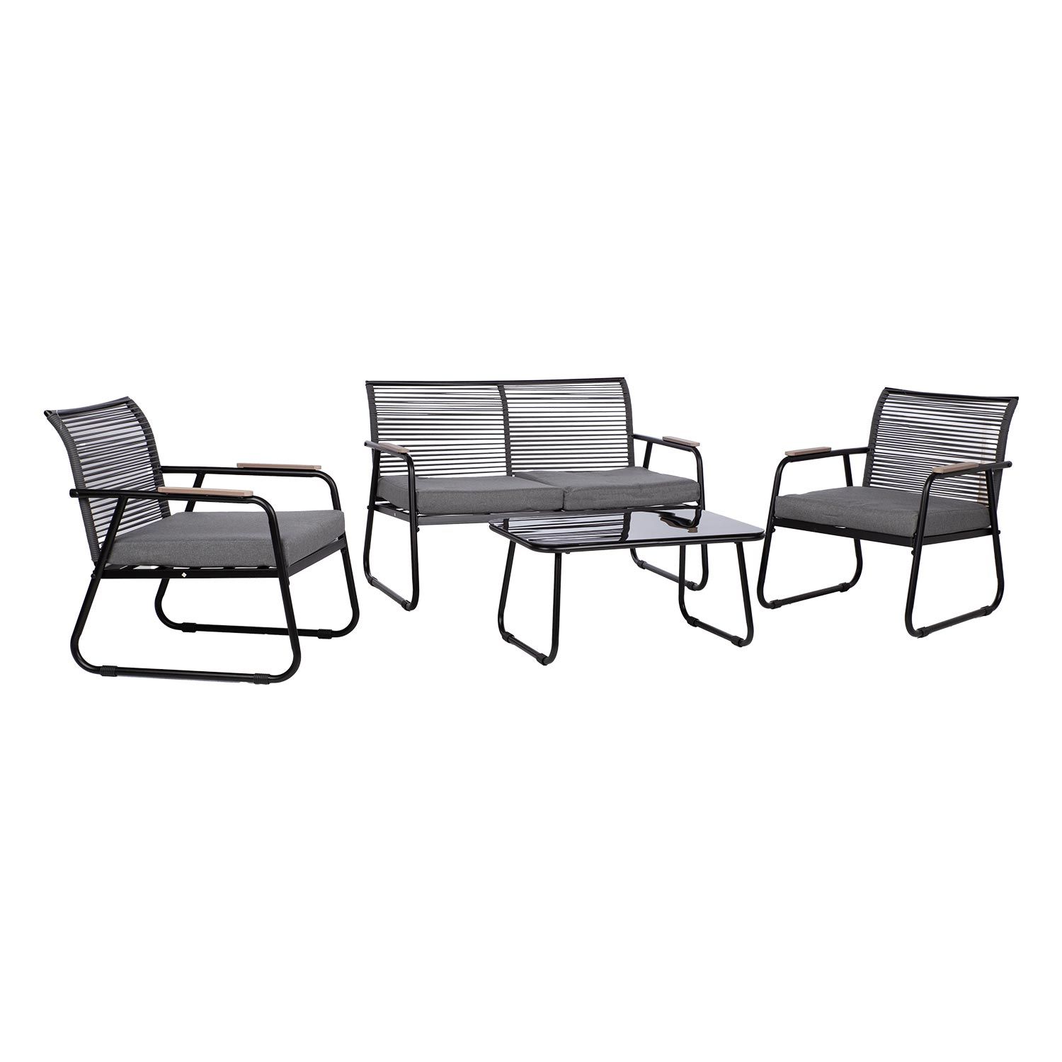 Hagemøbelsett HOME4YOU Macos bord, sofa og 2 stoler Grå/svart - Grå/svart