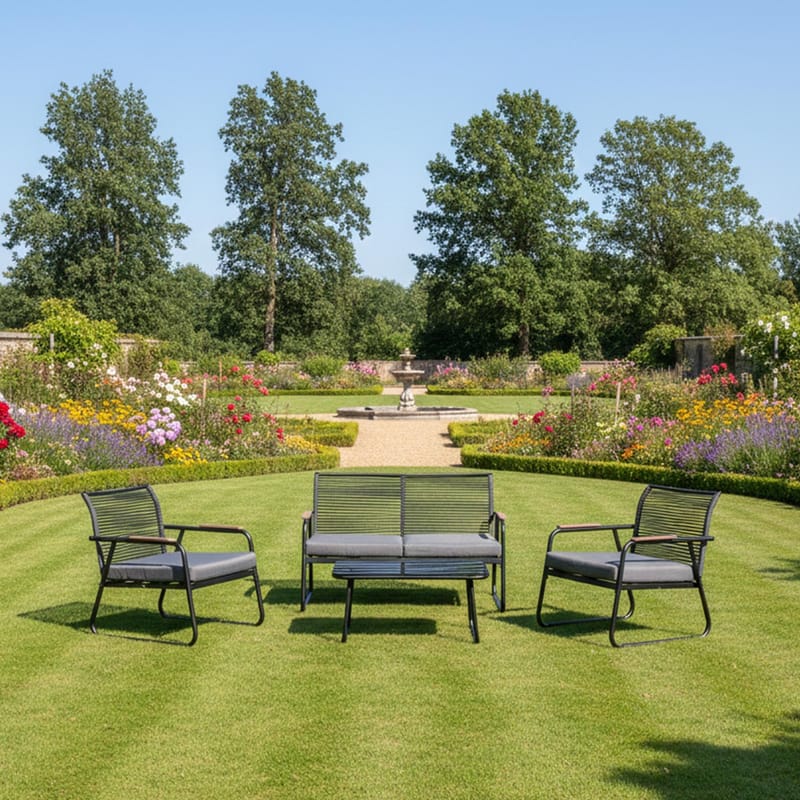 Hagemøbelsett HOME4YOU Macos bord, sofa og 2 stoler Grå/svart - Grå/svart - Hagemøbler - Balkong - Balkongmøbler - Balkonggrupper