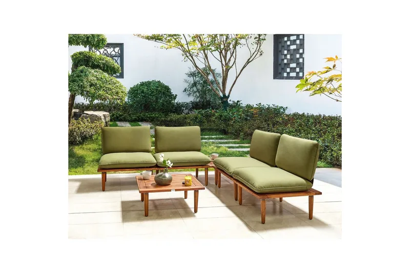 Loungegrupp med bord Beliani Frascati Grönt/ljust trä, 4-Sits Green||Light wood - Hagemøbler - Loungemøbler - Sofagruppe utendørs