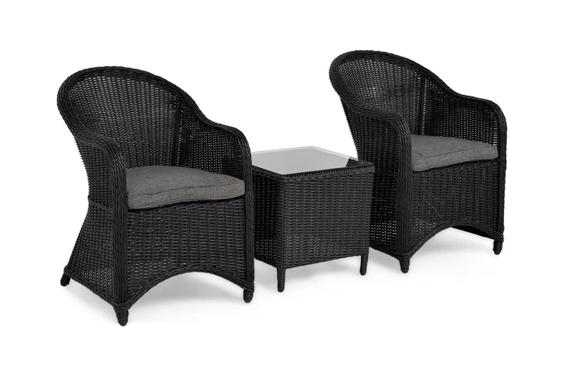 Marcus Cafésett med 2 Light Lenestoler m Pute - Svart - Hagemøbler - Balkong - Balkongmøbler - Balkonggrupper