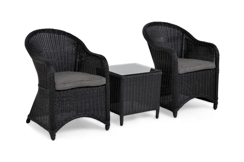 Marcus Cafésett med 2 Light Lenestoler m Pute - Svart - Hagemøbler - Balkong - Balkongmøbler - Balkonggrupper