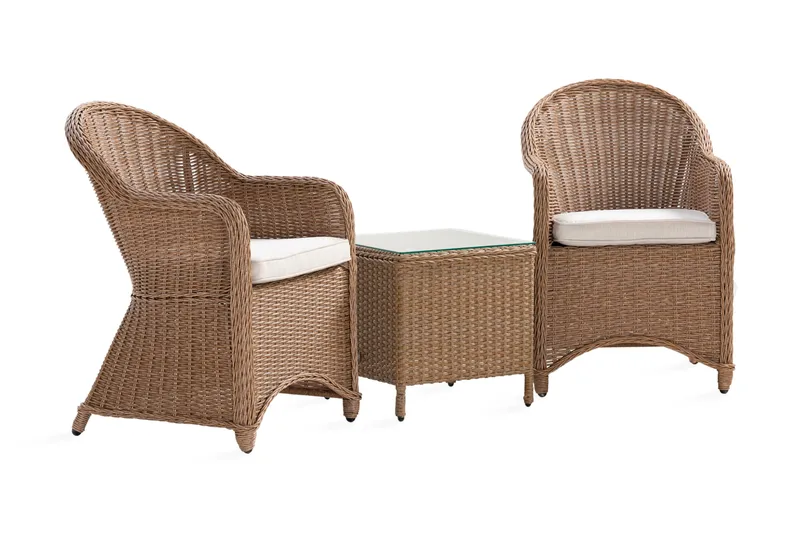 Marcus Cafésett med 2 Light Lenestoler m Pute - Natur - Hagemøbler - Balkong - Balkongmøbler - Balkonggrupper