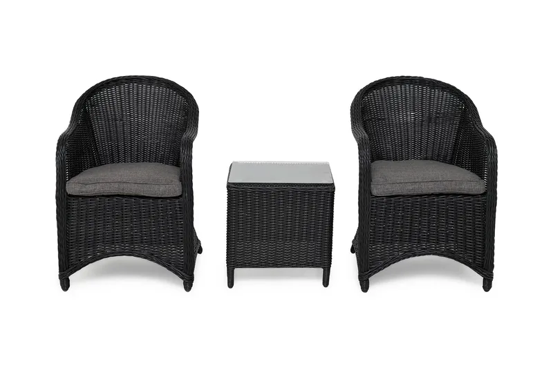 Marcus Cafésett med 2 Light Lenestoler m Pute - Svart - Hagemøbler - Balkong - Balkongmøbler - Balkonggrupper