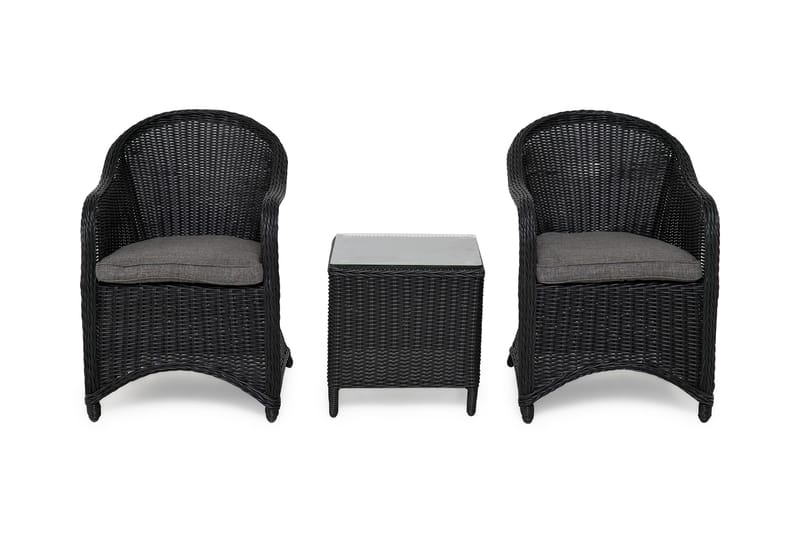 Marcus Cafésett med 2 Light Lenestoler m Pute - Svart - Hagemøbler - Balkong - Balkongmøbler - Balkonggrupper