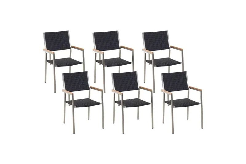 Matstol Beliani Grosseto set om 6 Sandbeige/silver/ljust trä Black||Silver - Hagemøbler - Balkong - Balkongmøbler - Balkongstoler