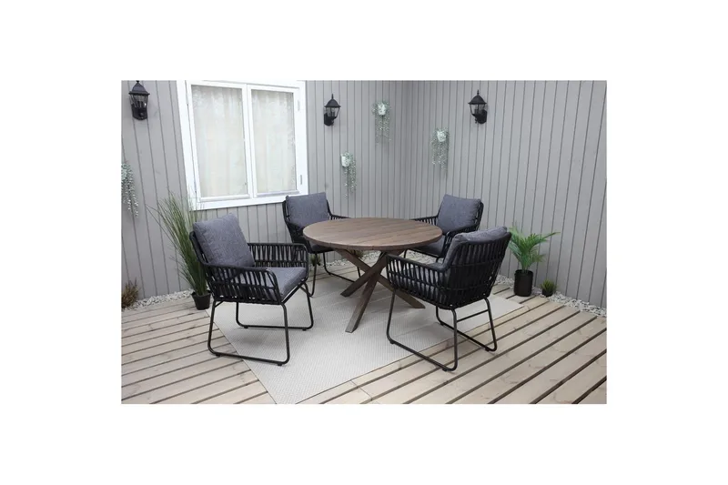 Utendørs møbelgruppe Ø 112 cm bord & 4 Levanto grå stoler Brun - Brun - Hagemøbler - Hagegruppe - Spisegrupper hage