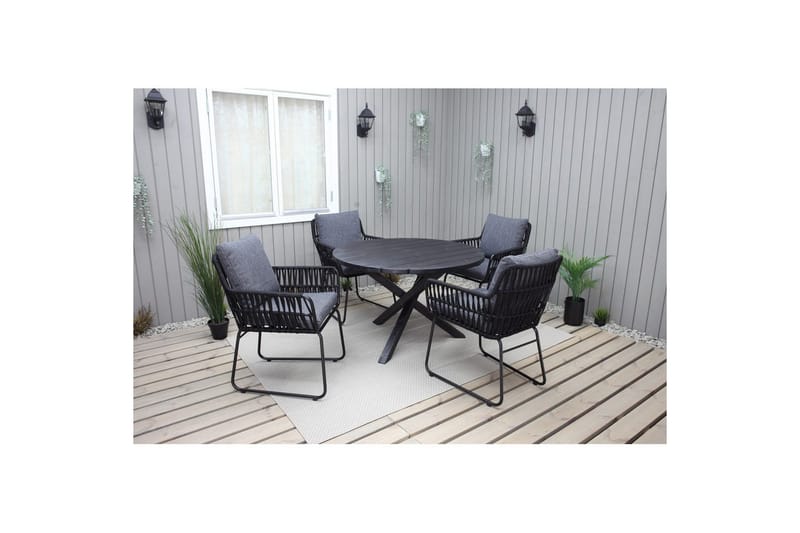 Utendørs møbelgruppe Ø 112 cm bord & 4 Levanto grå stoler Svart - Svart - Hagemøbler - Balkong - Balkongmøbler - Balkonggrupper