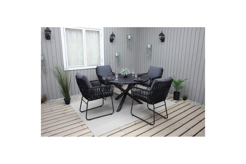 Utendørs møbelgruppe Ø 112 cm bord & 4 Levanto grå stoler Svart - Svart - Hagemøbler - Balkong - Balkongmøbler - Balkonggrupper