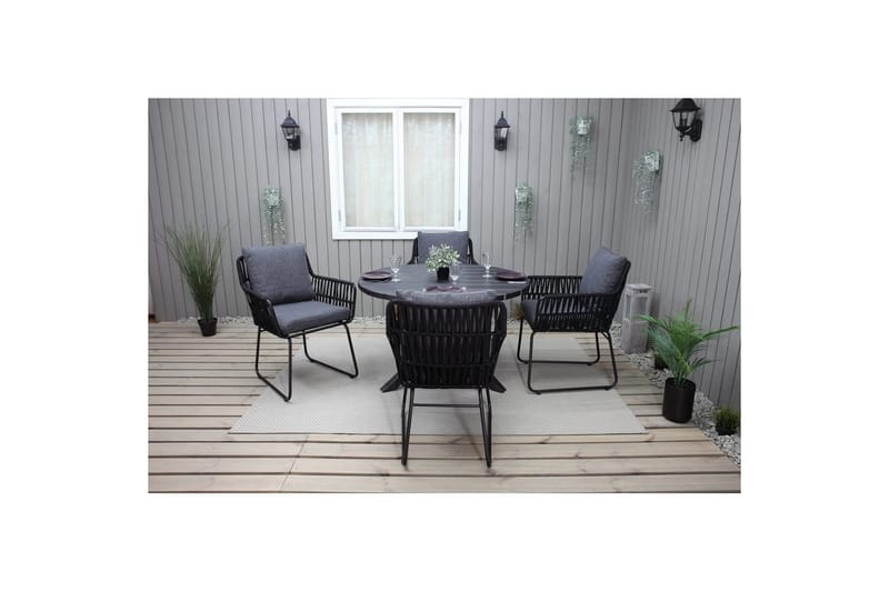 Utendørs møbelgruppe Ø 112 cm bord & 4 Levanto grå stoler Svart - Svart - Hagemøbler - Balkong - Balkongmøbler - Balkonggrupper