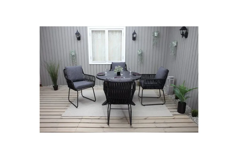Utendørs møbelgruppe Ø 112 cm bord & 4 Levanto grå stoler Svart - Svart - Hagemøbler - Hagegruppe - Spisegrupper hage