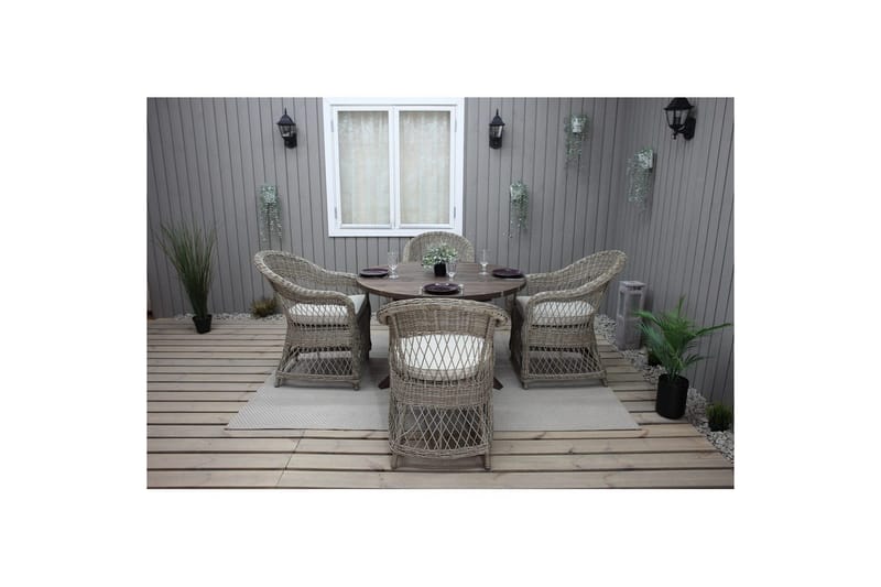 Utendørs møbelgruppe Ø 112 cm bord & 4 Merida naturlig stoler Brun - Brun - Hagemøbler - Hagegruppe - Spisegrupper hage