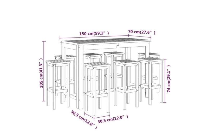 beBasic Hagebarsett 9 deler heltre akasie - Brun - Hagemøbler - Hagebord - Barbord