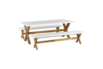 Matsalsset Beliani Olbia med bänkar 6-Sits White||Light wood - Hagemøbler - Hagegruppe - Spisegrupper hage