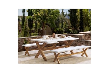 Matsalsset Beliani Olbia med bänkar 6-Sits White||Light wood - Hagemøbler - Hagegruppe - Spisegrupper hage