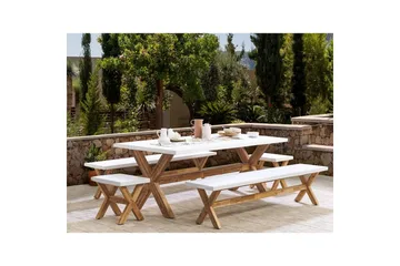 Matsalsset Beliani Olbia med bänkar 8-Sits White||Light wood - Hagemøbler - Hagegruppe - Spisegrupper hage