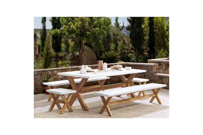 Matsalsset Beliani Olbia med bänkar 8-Sits White||Light wood - Hagemøbler - Hagegruppe - Spisegrupper hage