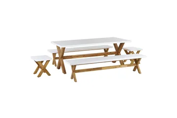 Matsalsset Beliani Olbia med bänkar 8-Sits White||Light wood - Hagemøbler - Hagegruppe - Spisegrupper hage
