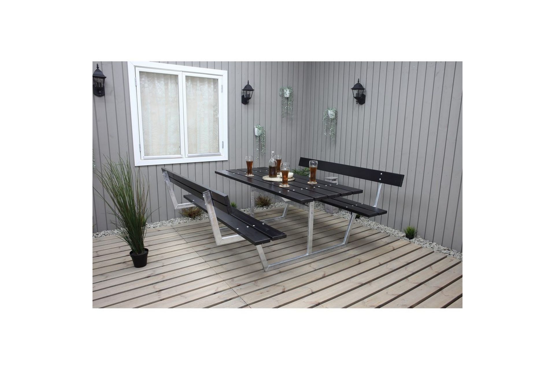 Piknikbord Rustikk Metall Med Ryggstøtte - Med Ryggstøtte, Svart - Hagemøbler - Hagebord - Piknikbord