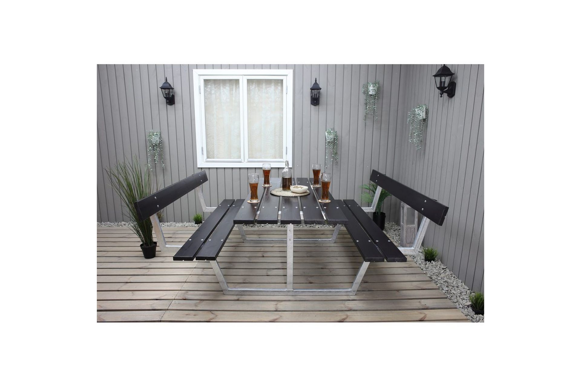 Piknikbord Rustikk Metall Med Ryggstøtte - Med Ryggstøtte, Svart - Hagemøbler - Hagebord - Piknikbord