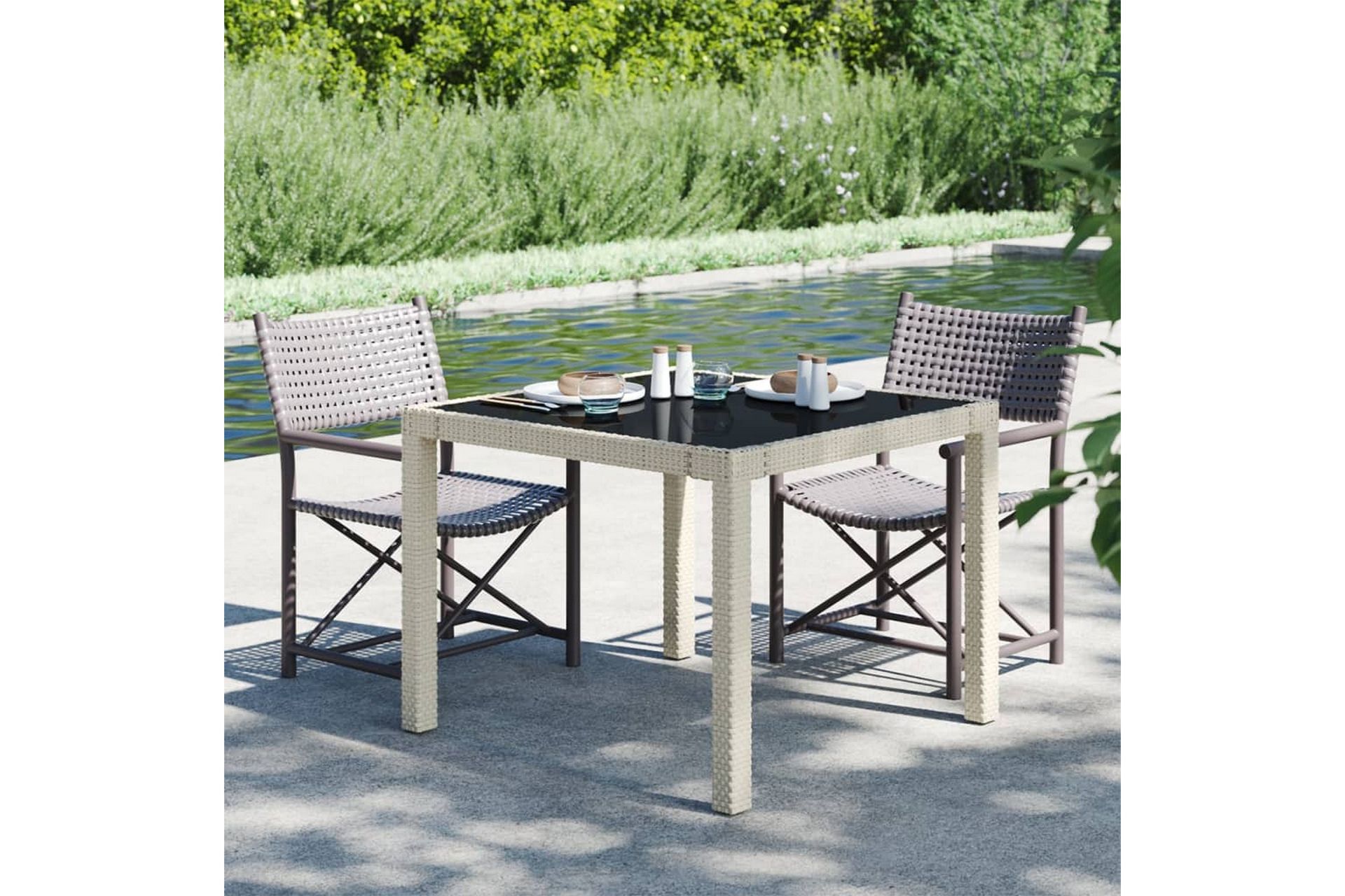 Hagebord 90x90x75 cm herdet glass og polyrotting beige - Beige - Hagemøbler - Hagebord - Spisebord ute