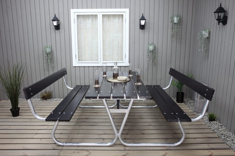 Stabil Pikniksett Metall Ryggstøtte inkludert - Svart - Hagemøbler - Hagebord - Piknikbord