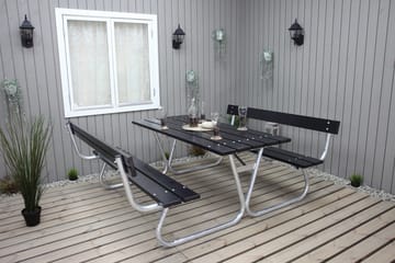Stabil Pikniksett Metall Ryggstøtte inkludert - Svart - Hagemøbler - Hagebord - Piknikbord