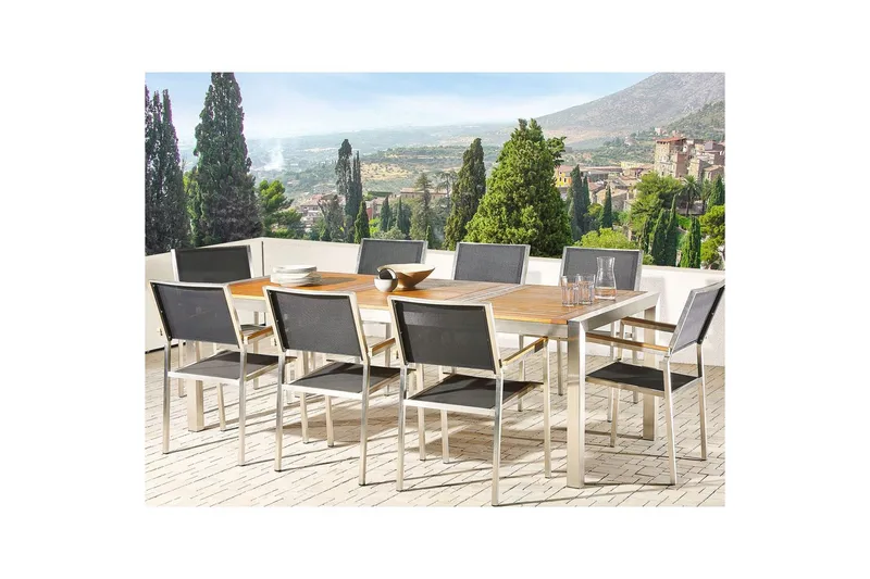 Trädgårdsbord Beliani Grosseto Grå/Svart/Silver, 100x220x74 cm Light wood||Silver - Hagemøbler - Hagebord - Spisebord ute