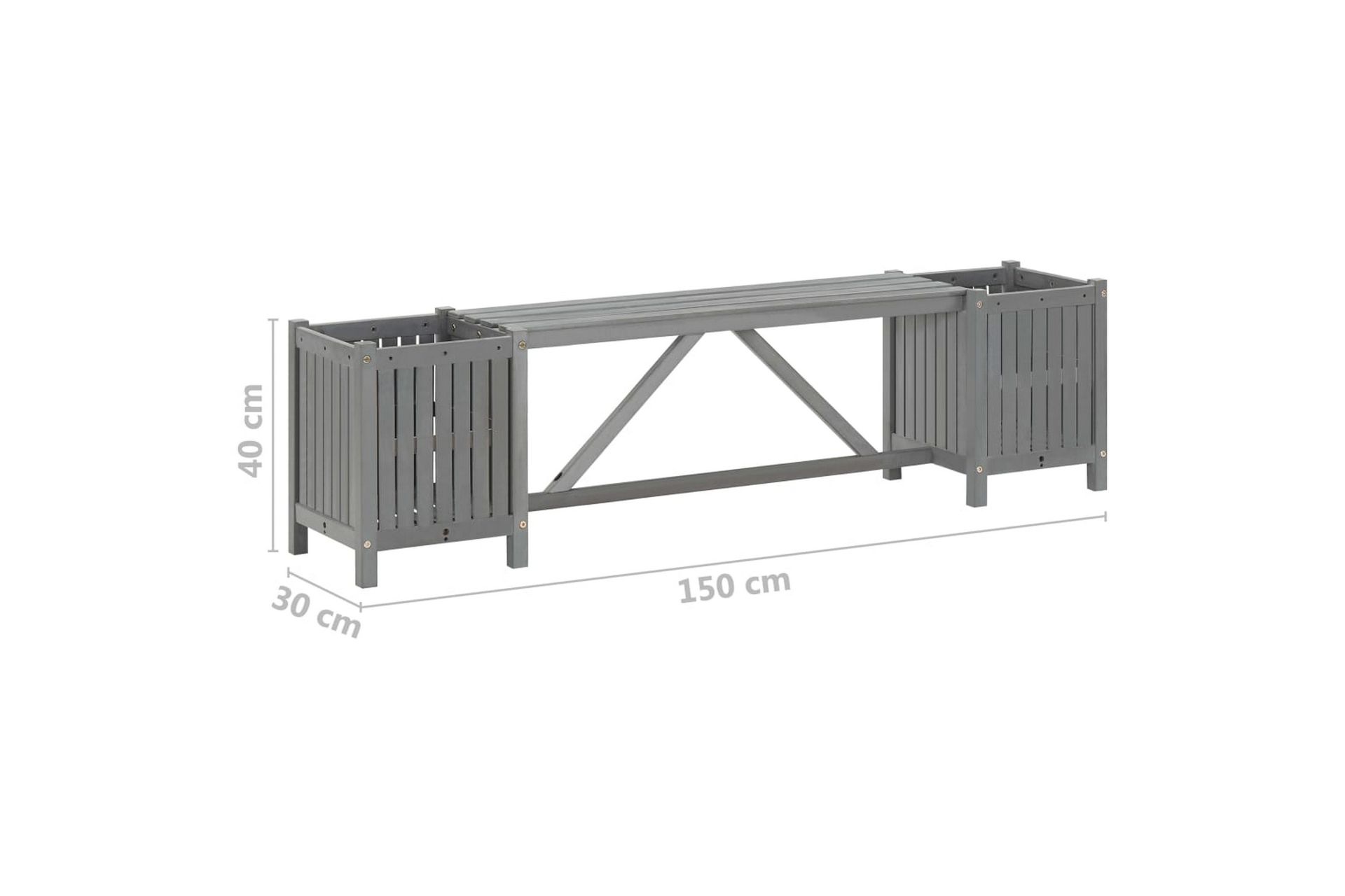 Hagebenk med 2 plantekasser 150 cm heltre akasie grå - Grå - Hagemøbler - Utesofa - Benker