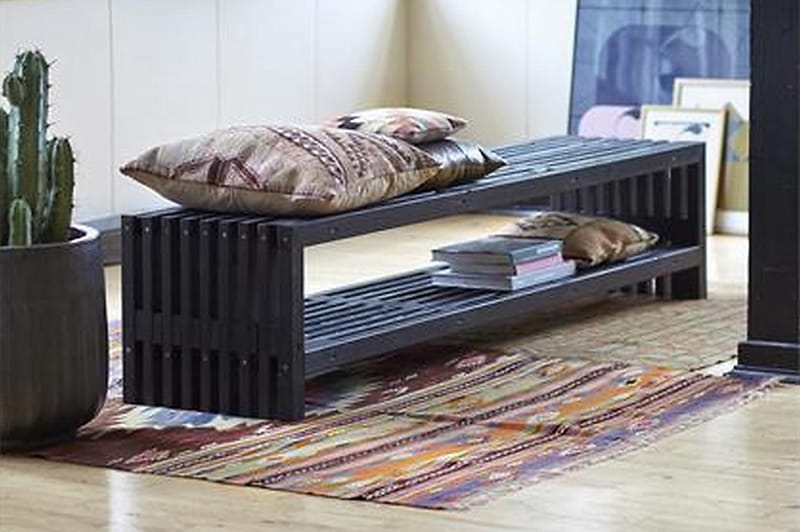 Rustikk benk Design av terrassebord 218x49x45cm m/hylle svar - Hagemøbler - Utesofa - Benker