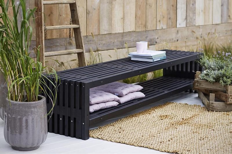 Rustikk benk Design av terrassebord 218x49x45cm m/hylle svar - Hagemøbler - Utesofa - Benker