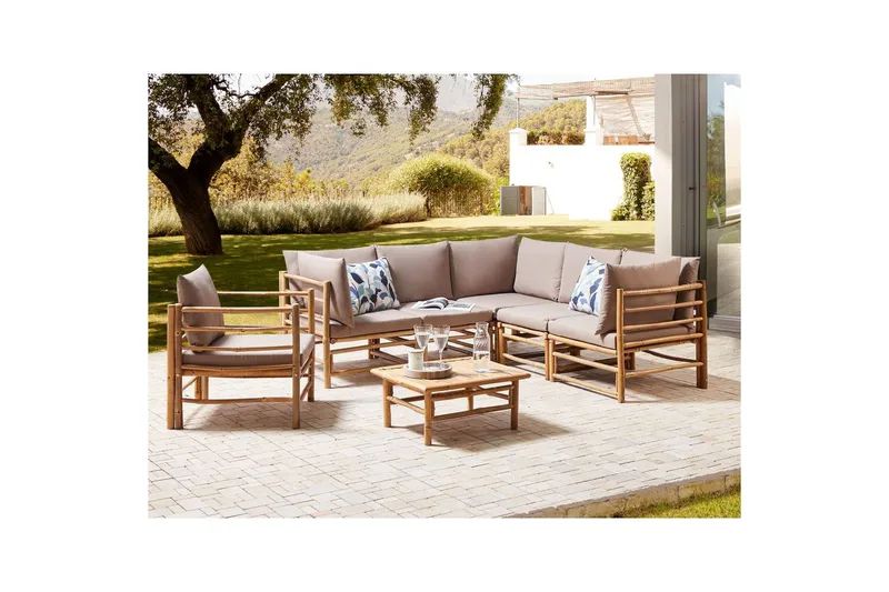 Hörnsoffa Beliani Cerreto Beige/ljust trä, 6-Sits Beige||Light wood - Hagemøbler - Loungemøbler - Sofagruppe utendørs