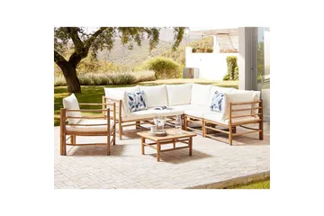Hörnsoffa Beliani Cerreto Beige/ljust trä, 6-Sits White||Light wood - Hagemøbler - Loungemøbler - Sofagruppe utendørs