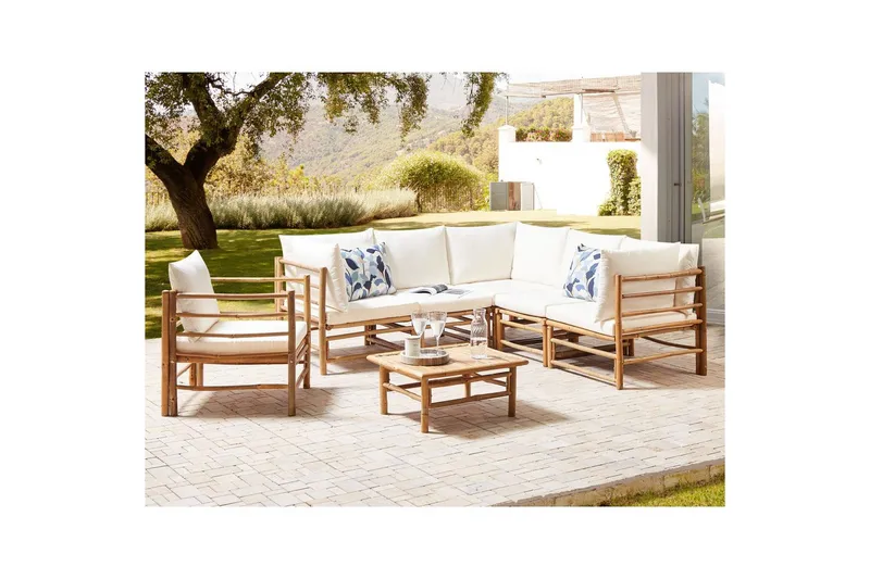 Hörnsoffa Beliani Cerreto Beige/ljust trä, 6-Sits White||Light wood - Hagemøbler - Loungemøbler - Sofagruppe utendørs