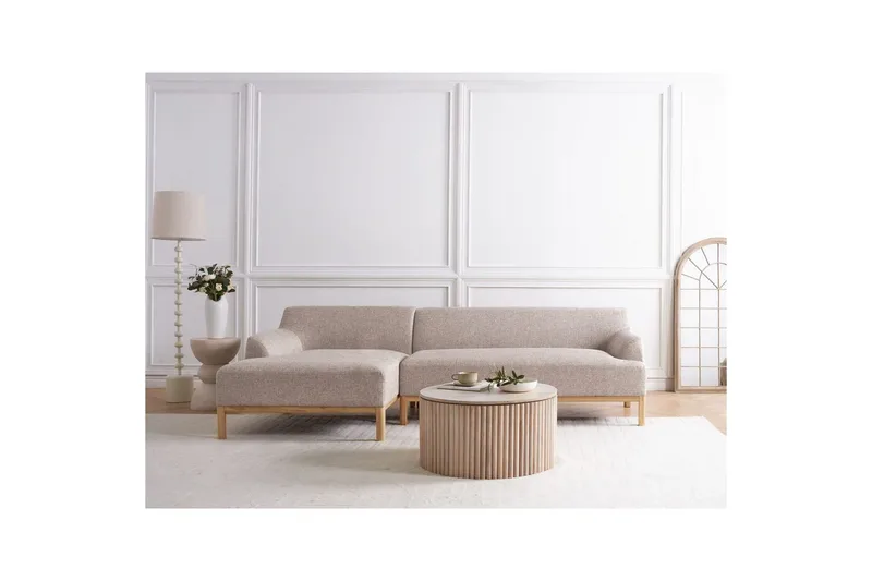 Hörnsoffa Beliani Sosjo Beige, ljust trä, Högervänd Brown||Light colored wood Left-faced - Møbler - Sofaer - Hjørnesofa - Hjørnesofa med divan