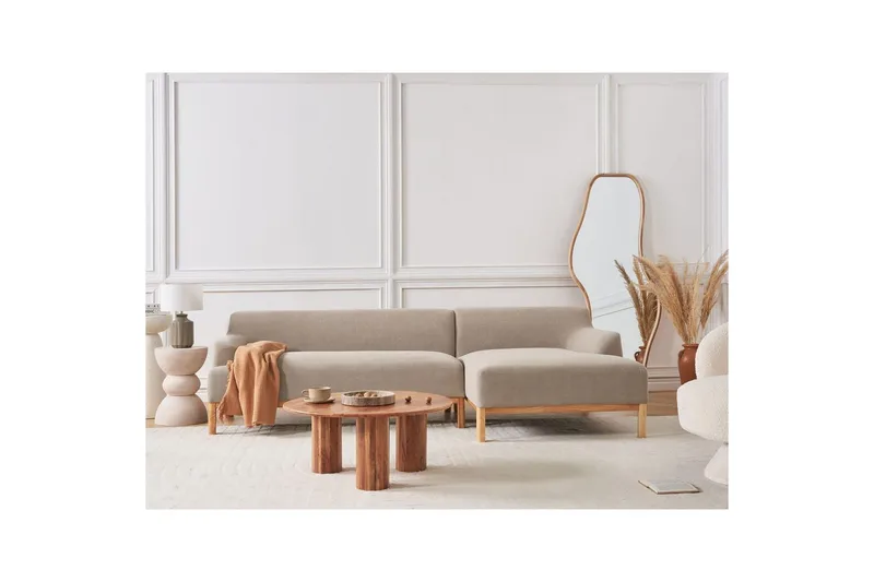 Hörnsoffa Beliani Sosjo Beige, ljust trä, Högervänd Taupe Right-faced - Møbler - Sofaer - Hjørnesofa - Hjørnesofa med divan