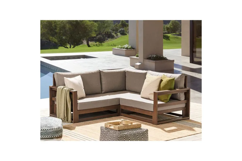 Hörnsoffa Beliani Timor Ljus trä/grått/beige, Ja Dark wood||Grey||Beige - Hagemøbler - Utesofa - Hagebenk & hagesofa