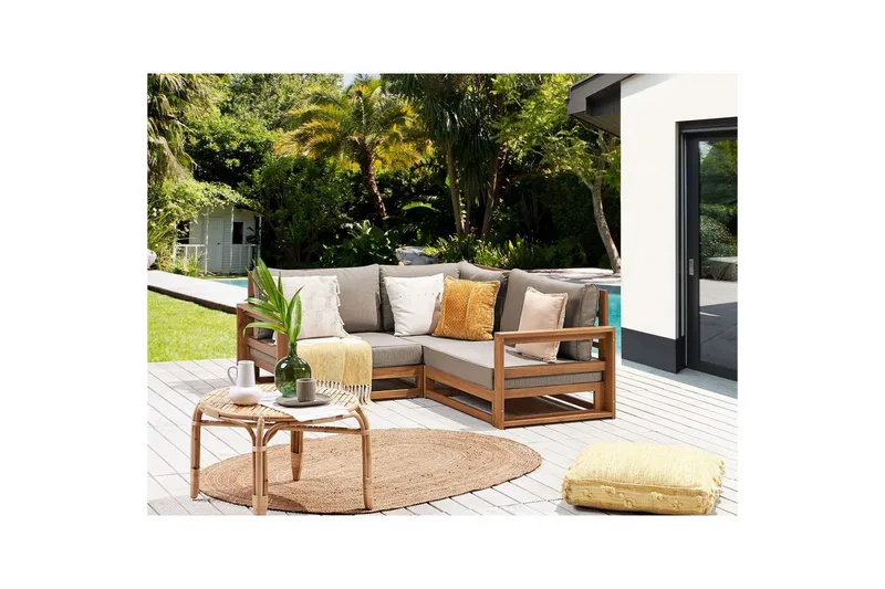 Hörnsoffa Beliani Timor Ljus trä/grått/beige, Ja Light wood||Grey||Beige - Hagemøbler - Utesofa - Hagebenk & hagesofa