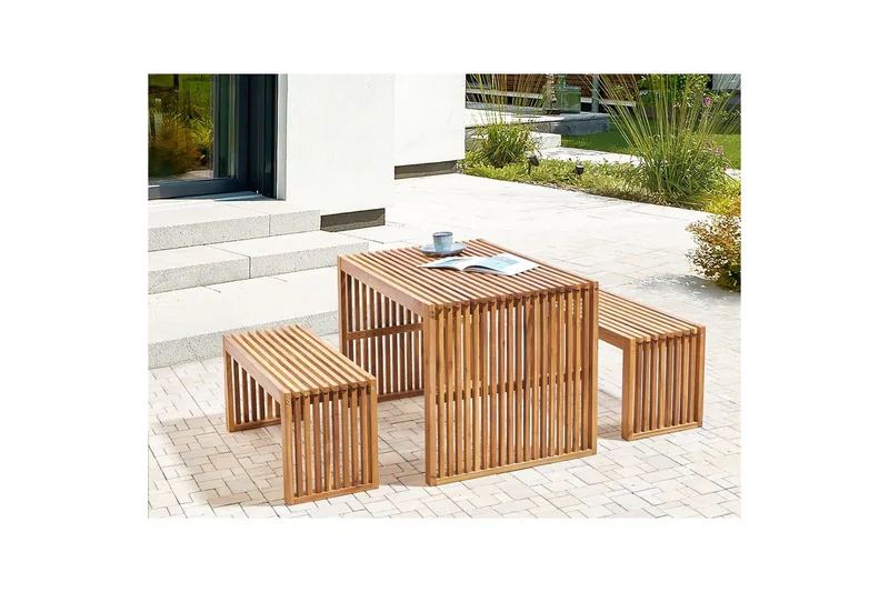 Set med 2 trädgårdsbänkar Beliani Sulzano Light wood - Hagemøbler - Utesofa - Benker