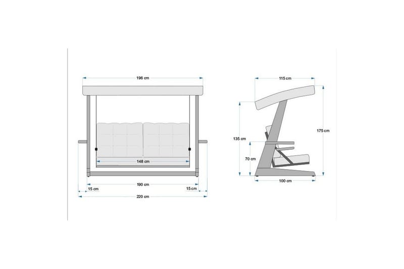 Tredobbelt hagestol Viva Antrasitt - Antrasitt, 220 x 100 x 175 cm - Hagemøbler - Utesofa - Hengesofa